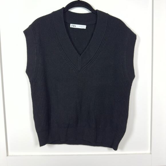 ZARA Oversized Rib Knit Sleeveless V-Neck Pullover Sweater Vest Black Size Small - Picture 3 of 7